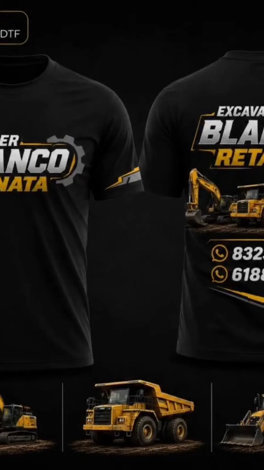 Camisetas negras con el logo de Excavaciones Blanco Retana y maquinaria pesada estampada